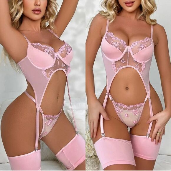 ExyFunShop Other - Sexy Bodystocking Bodysuit Womens Underwear Pink Flower Lace Lingerie Set Sissy